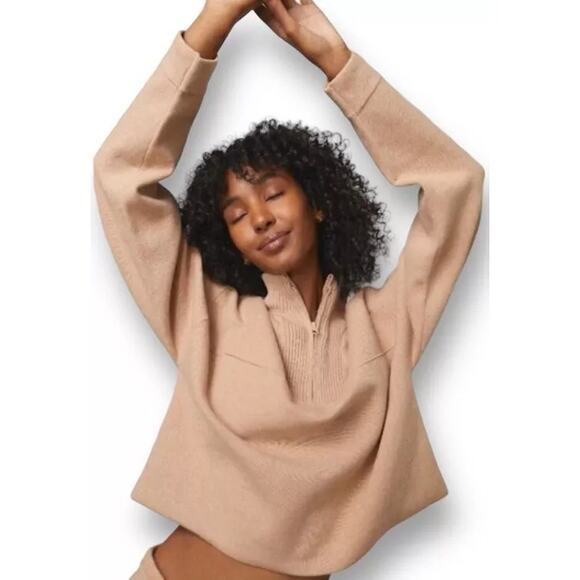LUNYA‎ Cozy Cotton Silk Pullover 1/4 Zip Sweater Tan Size Large - Picture 1 of 10